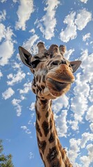 Giraffe neck elongated greets the sky with a gaze full of gentle inquiry - obrazy, fototapety, plakaty