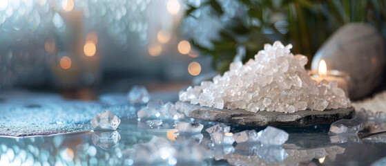 Hydrated silica providing gentle exfoliation for hexagonal skin textures, with a mineral spa background blurred