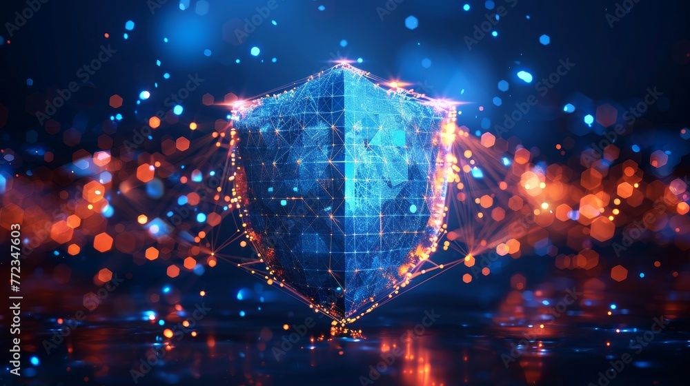Poster Symbol of a shield with low poly wireframe style. Concept of Data Protection Design. Digital shield with polygonal abstract pattern. Particles are connected into geometric shapes. Modern