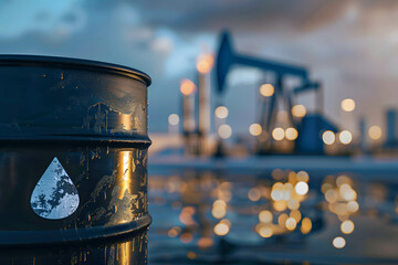 Black barrel of oil with oil drop icon, blurred oil industry background, demand and supply in oil market - obrazy, fototapety, plakaty