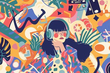 Obraz na płótnie Canvas Social media trendy girl colorful funky art cartoon illustration