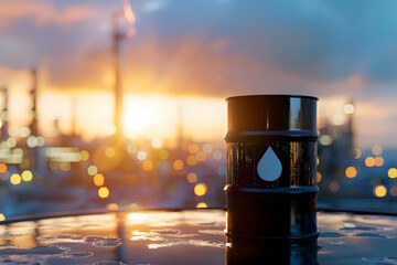 Black barrel of oil with oil drop icon, blurred oil industry background, demand and supply in oil market