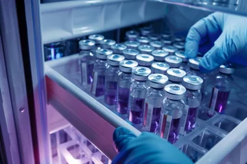 Foto auf Acrylglas Gloved hand of a scientist placing vaccine vials in a medical refrigerator, healthcare and research concept. © Anton Gvozdikov