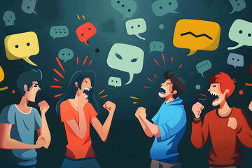 Group chat conversation where members are hurling insults and derogatory language towards each other, speaking insultingly rudely others, hate speech and bullying concept - obrazy, fototapety, plakaty