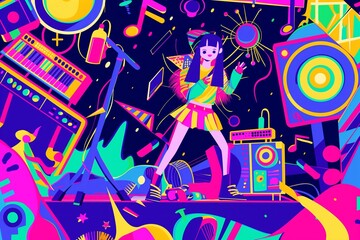 Social media trendy girl colorful funky art cartoon illustration