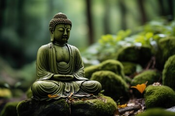 Buddha statue with candles in forest background
