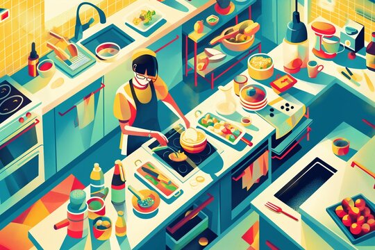 Woman food blogger cooking at the kitchen, funky artsy colorful vibrant stylish cartoon illustration