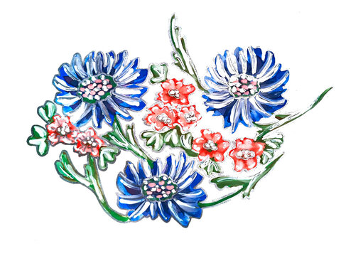 Floral pattern, motif of blue big and reddish small spring or summer flowers