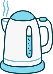 Electric kettle, simple cartoon drawing. White and blue doodle icon. Hand drawn illustration.