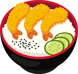 Tempura fried shrimp and rice bowl, Japanese food. Cartoon illustration.