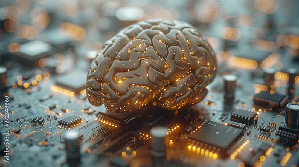 Poster Futuristic cyber technology innovation. Artificial intelligence represented by printed circuit board. Artificial intelligence data mining and deep learning at the forefront of modern computer