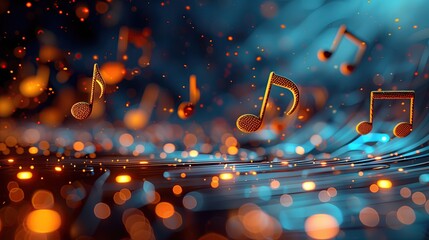 3d render of abstract background with music notes on blue background. - obrazy, fototapety, plakaty
