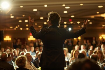 Back view of a confident speaker at a podium engaging with attentive audience in a well-lit conference hall.