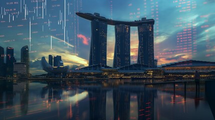 Singapore skyline with stock exchange trading chart double exposure, Asia trading stock market digital concept	 - obrazy, fototapety, plakaty