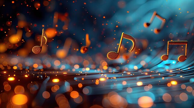 3d render of abstract background with music notes on blue background.