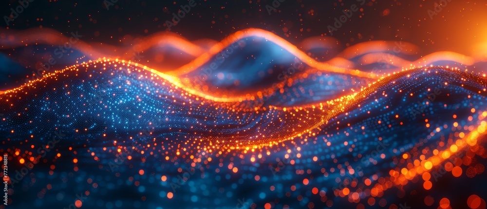 Aufkleber Grid surface consisting of glowing dots and particles. A wave grid abstract diagram depicts flow digital information. Wavy wire infographic design element.