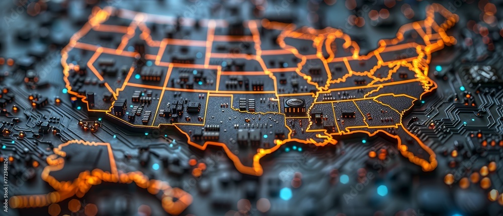 Aufkleber USA technology map. Circuit USA as a circuit board with a chip or CPU processor. USA tech background. Microelectronics industry 3D rendering.