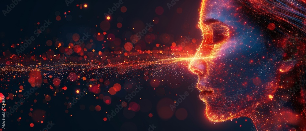 Leinwandbilder An illustration of artificial intelligence in the form of a humanoid head with an anthropomorphic face analyzing flow data. A brain is learning to process data, analyze information. An illustration of