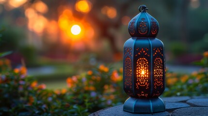 In the spirit of Ramadan Kareem, an Arabic lantern with a burning candle shines at night during the Muslim holy month of Ramadan Kareem - obrazy, fototapety, plakaty