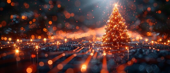The Christmas poster is designed with a Christmas tree and digits 2025 in electronic technology style. Greetings for the new year, merry Christmas - obrazy, fototapety, plakaty