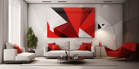 Geometric patterns and bold colors intertwine in a captivating ruby and white back art wall, defining the modern living space.