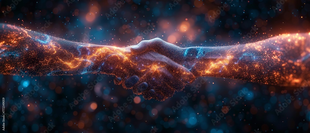 Poster an abstract image of a brotherly handshake resembling a starry sky or space, composed of points, lin