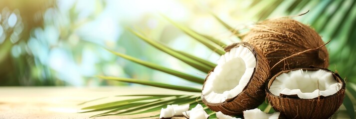Sunlit Tropical Beach with Fresh Open Coconuts and Palm Leaves
