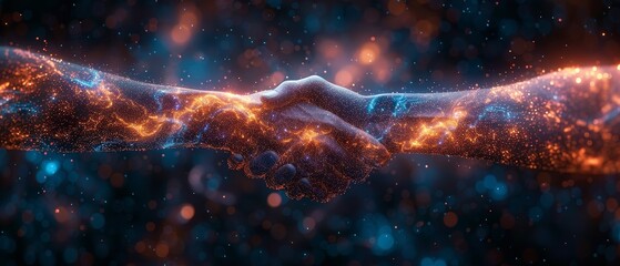 An abstract image of a brotherly handshake resembling a starry sky or space, composed of points, lines, and shapes representing planets, stars, and the universe. - obrazy, fototapety, plakaty