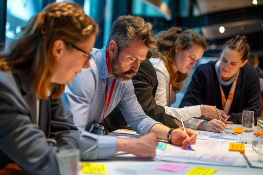 A group of focused professionals sitting around a table, engaged in a collaborative workshop, brainstorming with post-it notes and discussing strategies in a modern office setting.