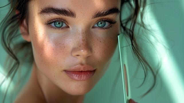 Authentic commercial image showcasing a woman with gorgeous long lashes and natural skin tone, showcasing a mascara packaging box. Light green backdrop, emphasizing her charming frekles.