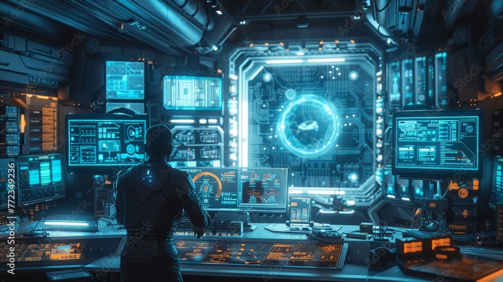 Poster a man is sitting in front of a computer monitor with a blue circle on it. the computer monitors are 