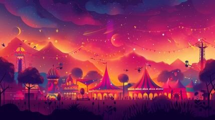 Naklejka premium A colorful, fantastical scene of a carnival with a large tent in the foreground. The sky is filled with stars and a large planet is visible in the background. The atmosphere is lively and fun