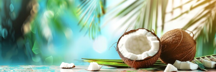 Fototapeta na wymiar Tropical Beach Scene with Fresh Coconuts and Palm Leaves
