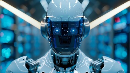 A robot with blue eyes and a white helmet stands in front of a wall of monitors. The robot's face is illuminated, giving it a futuristic and almost human appearance