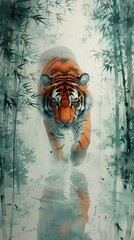 Evoke the spirit of resilience and transformation with a long shot depicting a majestic tiger