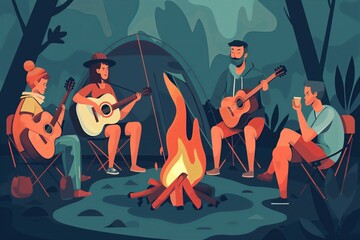 People camping with guitars and tent in the nature flat cartoon illustration