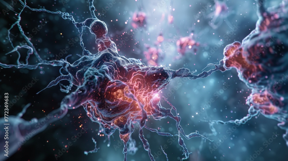 Poster a colorful image of neurons with red and blue colors. concept of complexity and interconnectedness, 