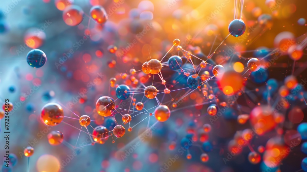 Poster a colorful image of many small spheres, some of which are red, blue, and yellow. the spheres are con