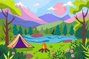 Camping tent in the nature flat cartoon illustration