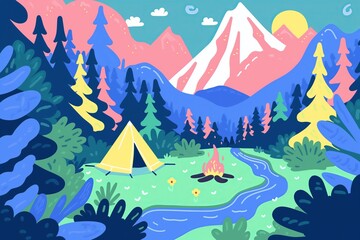 Fototapeta na wymiar Camping tent in the nature flat cartoon illustration