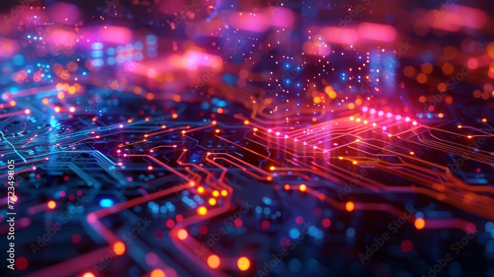 Poster a computer chip with a colorful background. the image is abstract and has a futuristic feel to it