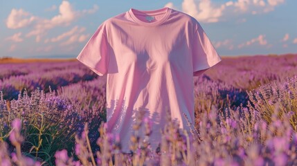 A pink shirt is displayed in a field of purple flowers. The shirt is the only object in the image, and it is the main focus of the scene. The field of flowers creates a peaceful and serene atmosphere