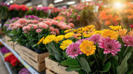 Fototapeta premium Vibrant Gerbera Daisies at the Flower Market Under Warm Sunlight