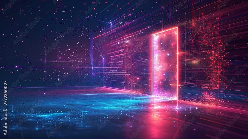 Poster isolated illustration of abstract open door to the universe. low poly style design. abstract geometr