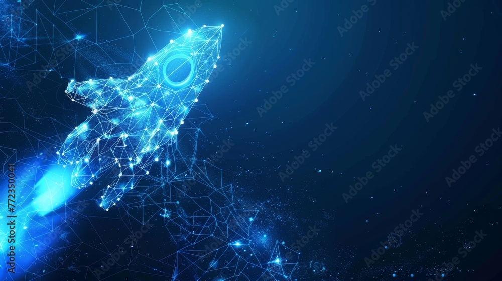 Poster Abstract blue giving hand with rocket launch concept. Low poly style design. Modern 3d graphic geometric background. Wireframe light connection structure. Isolated  illustration.