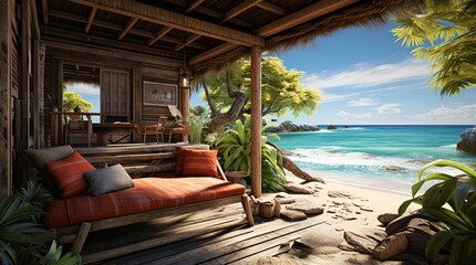 A rustic wooden cabin's porch featuring cozy cushions, overlooking a scenic view of a tranquil blue ocean and lush palms in the beach. Generative AI. - obrazy, fototapety, plakaty