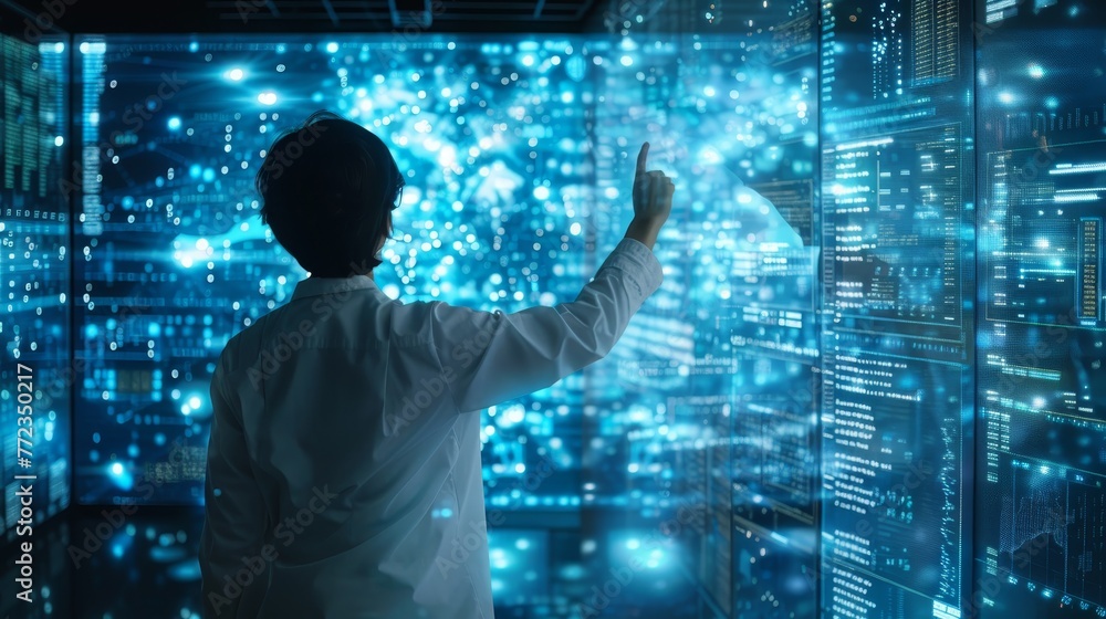 Poster a man in a white lab coat is pointing at a computer screen with a blue background. concept of techno