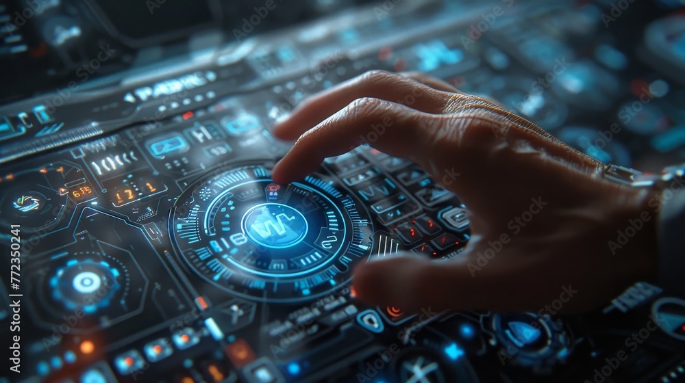 Poster a hand is pointing at a blue button on a computer screen. the button is labeled 