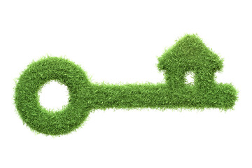 A concept image of a key made from green grass with a house-shaped top, symbolizing eco-friendly housing and green living, isolated on a white background. 3D Render illustration