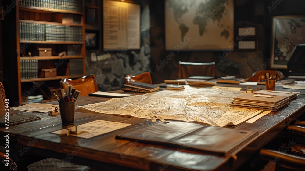 Poster a large wooden table with a map on it and a few books. the table is surrounded by chairs and a few o